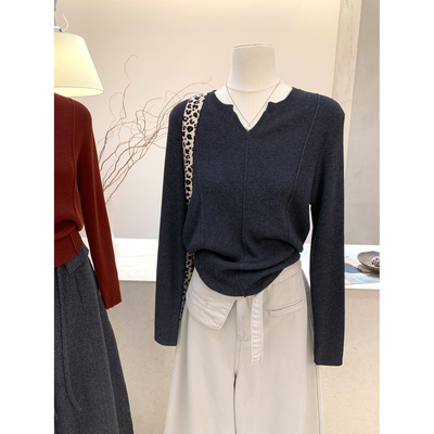 极简V领长袖针织衫女修身打底衫
