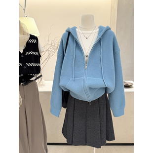 小哲 休闲连帽双拉链开衫女秋冬宽松显瘦软糯蓝色针织外套毛衣