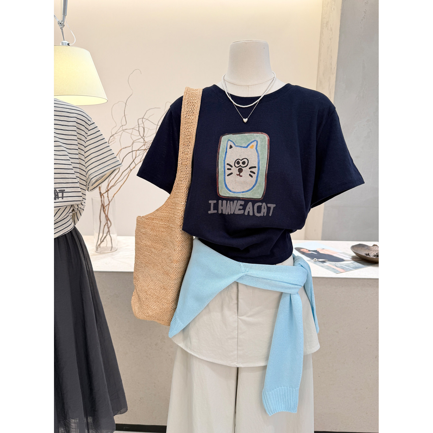 小哲 韩版卡通猫咪印花短袖T恤女夏季新款宽松百搭减龄显瘦上衣