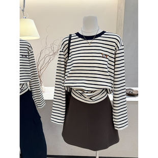 T恤女刺绣圆领宽松显瘦百搭上衣打底衫 小哲 海军风撞色条纹长袖