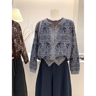 小哲 祖母风小象提花针织开衫女韩版宽松圆领单排扣百搭毛衣外套