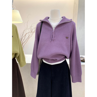 小哲 软糯风高领连帽拉半链毛衣女秋冬宽松休闲加厚翻领针织衫