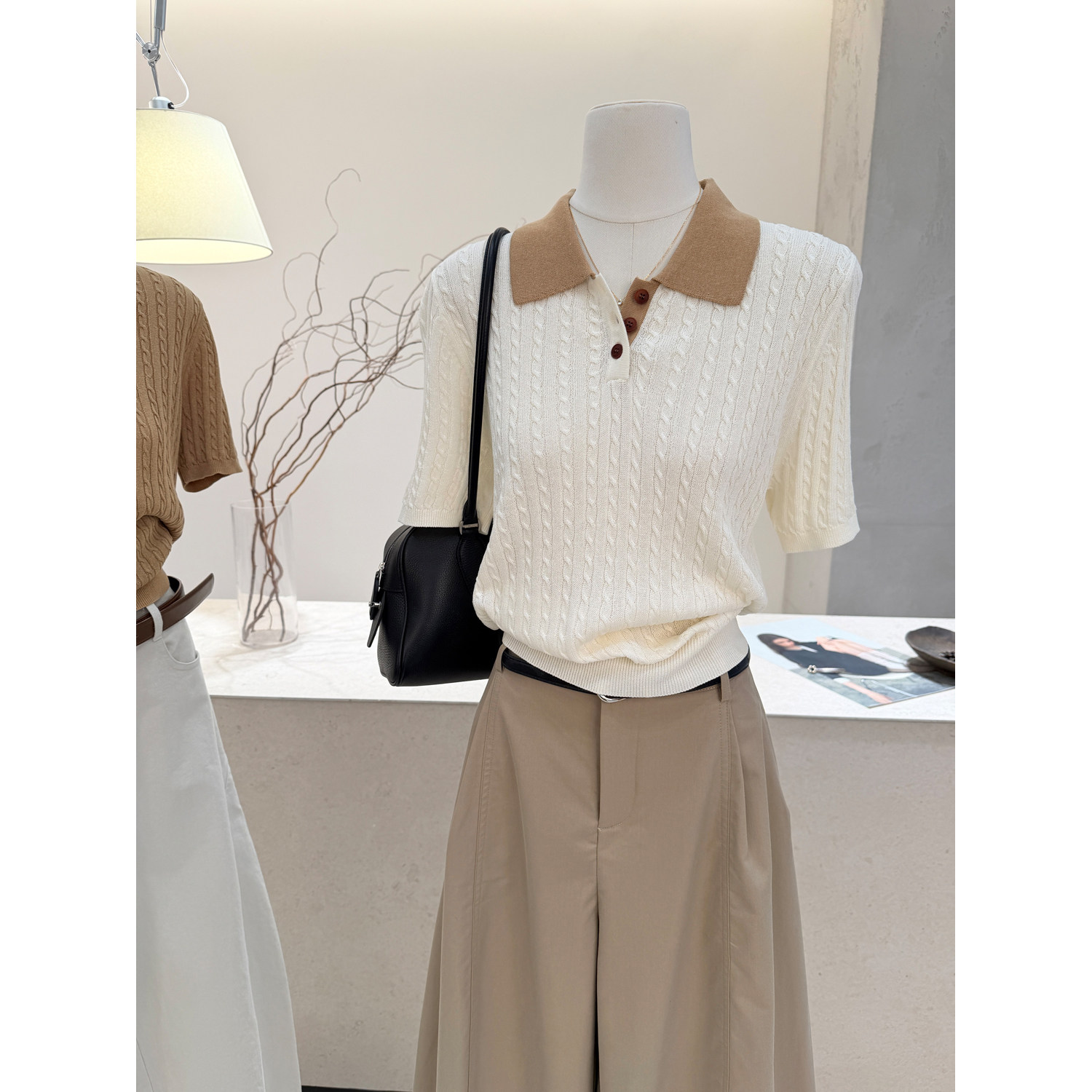 小哲 学院风撞色翻领麻花纹薄款短袖针织衫女夏季百搭假两件上衣