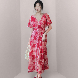 RM21788#夏装新款名媛女修身显瘦碎花系带红色高腰雪纺连衣裙长裙