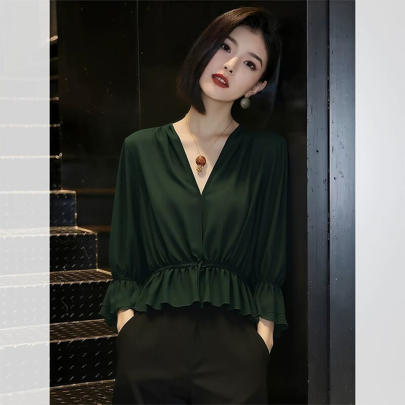 V领复古独特七分袖衬衫2026春夏新款女装减龄气质上衣百搭雪纺衫