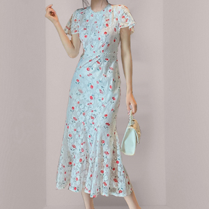 RM21790#夏装新款名媛女装蕾丝樱桃印花连衣裙修身显瘦气质鱼尾裙