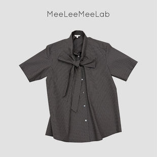MeeLeeMeeLab 原创绅士优雅复古格纹大蝴蝶结系带领宽松短袖衬衫