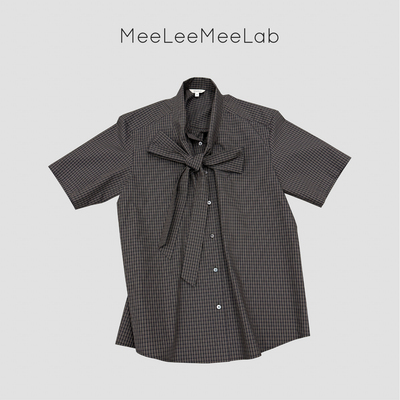 MeeLeeMeeLab 原创绅士优雅复古格纹大蝴蝶结系带领宽松短袖衬衫