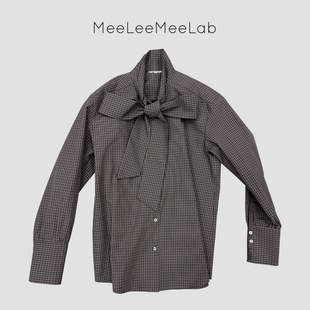 MeeLeeMeeLab 原创绅士优雅复古格纹大蝴蝶结系带领全棉长袖衬衫