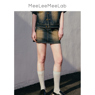 MeeLeeMeeLab 绅士优雅复古水洗烂边工装风超短迷你牛仔半裙裙裤