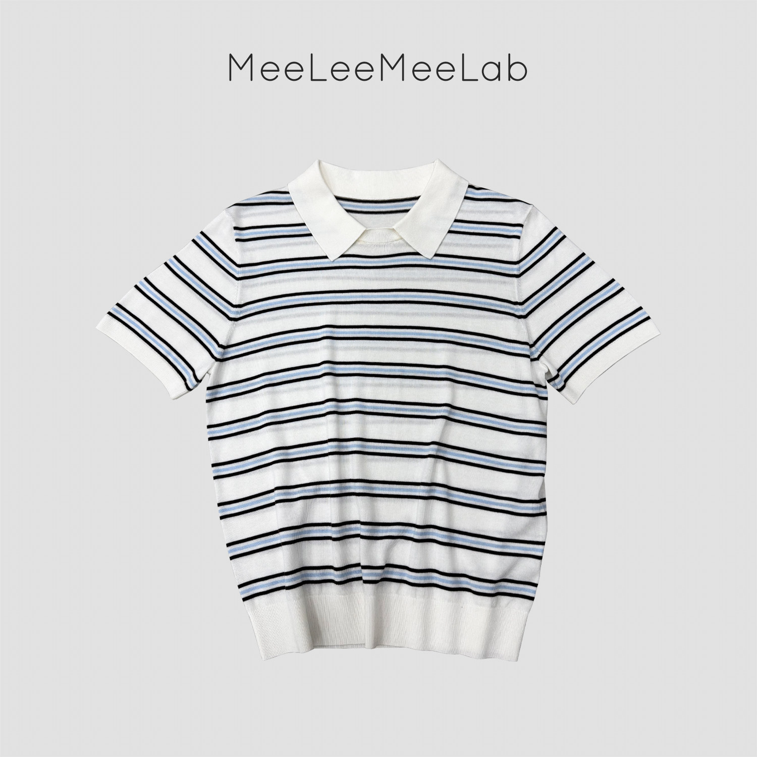 MeeLeeMeeLab 绅士优雅莱赛尔凉感抑菌小方领条纹短袖polo针织衫