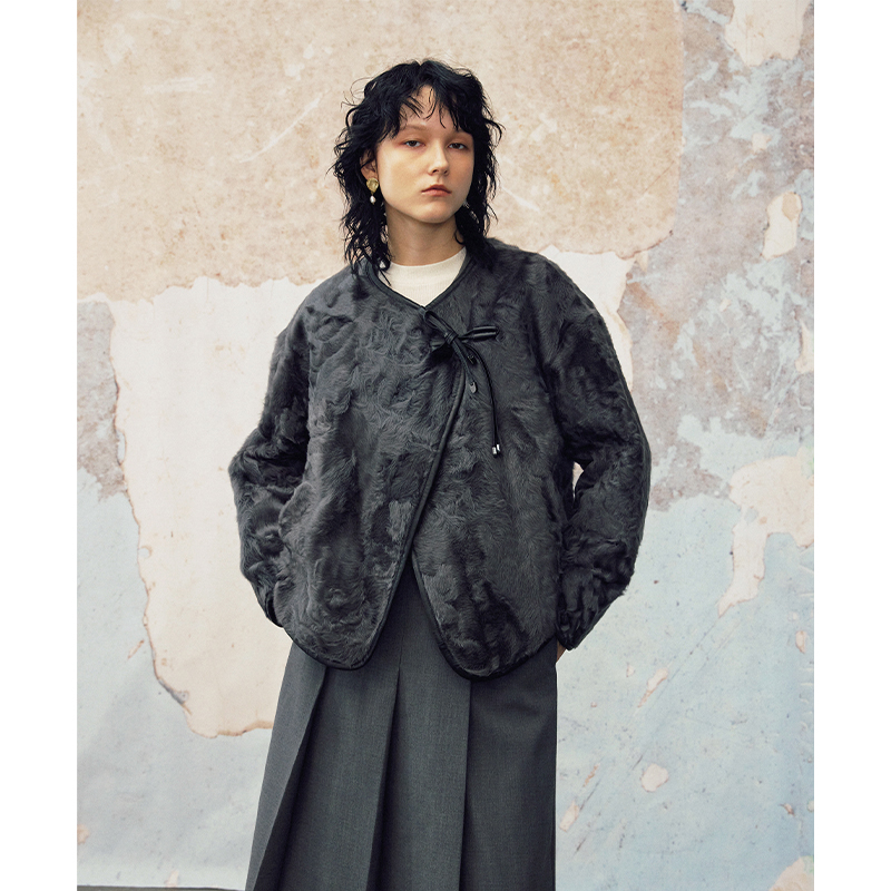 MeeLeeMeeLab原创绅士优雅新中式水波纹小湖羊毛皮草两面穿短外套