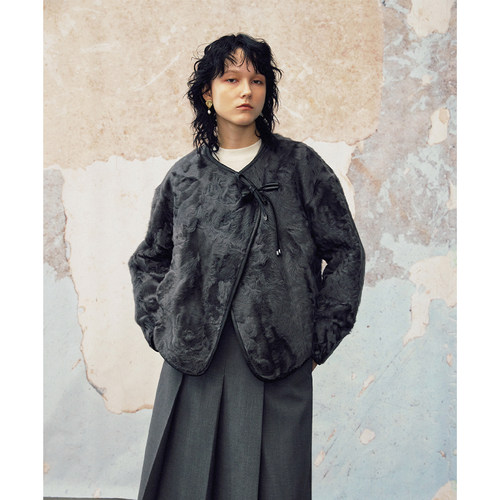 MeeLeeMeeLab原创绅士优雅新中式水波纹小湖羊毛皮草两面穿短外套