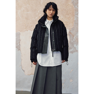 MeeLeeMeeLab原创进口立体毛须条纹拼皮立领短款面包服鹅绒羽绒服