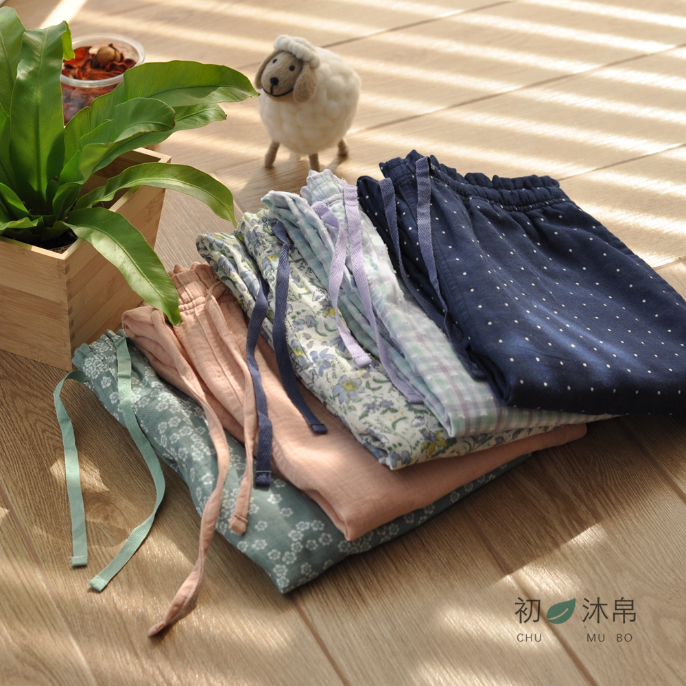 雙口袋春夏空調(diào)褲全棉薄型棉布雙層棉紗格子花卉女士長(zhǎng)睡褲有大碼