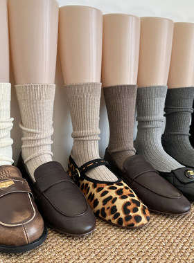 y2k辣妹风堆堆袜子女秋冬季竖纹中筒袜棉白色复古咖啡色ins小腿袜