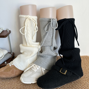 灰色微喇叭袜套秋冬百搭堆堆袜女蝴蝶结绑带显瘦修腿型针织小腿套