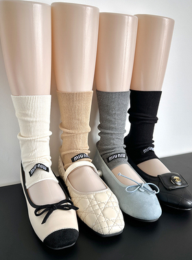 miu系白色竖纹显瘦堆堆袜芭蕾风小腿袜日系薄款女中筒袜配小皮鞋