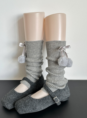 浅灰色毛球秋冬羊毛袜套可爱蝴蝶结格雷系中筒堆堆袜子女竖纹腿套