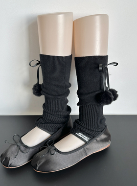 黑色毛球袜套女秋冬可爱lolita中筒堆堆袜蝴蝶结加厚保暖羊毛腿套