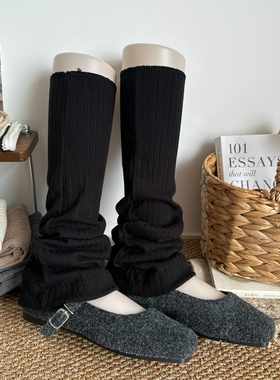 黑色百搭袜套女春秋竖宽条针织腿套y2k复古小腿堆堆袜子修饰腿型