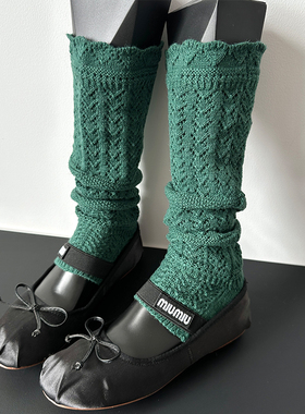 绿色春秋薄款镂空堆堆踩脚袜套女针织叠穿腿套甜美中筒灰小腿袜子