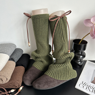 绿色秋冬季 ins潮韩国袜套女加厚保暖日系jk腿套竖条纹小腿堆堆袜