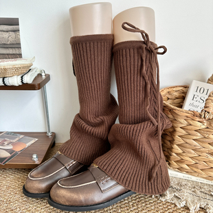 复古咖啡色袜套堆堆袜女秋冬竖条绑带辣妹巴恩风秋冬喇叭型小腿套