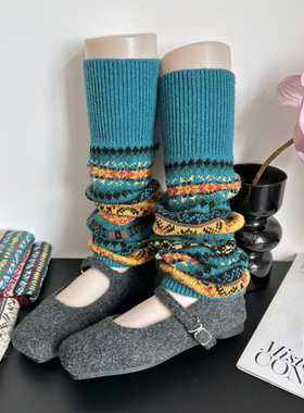 复古孔蓝色袜套女秋冬季费尔岛雪地靴腿套加厚保暖针织小腿堆堆袜