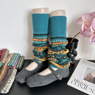 复古孔蓝色袜套女秋冬季 费尔岛雪地靴腿套加厚保暖针织小腿堆堆袜
