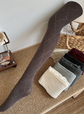 复古咖啡色连裤袜高级感显瘦镂空秋冬款miu菱格美拉德棕色打底裤