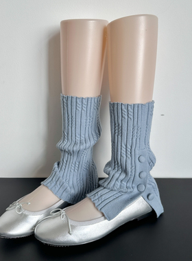 蓝色开叉堆堆袜子针织纽扣腿套女配小皮鞋秋冬竖条显瘦多巴胺袜套