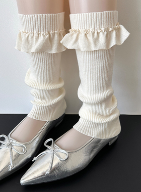 日系jk奶白色小腿袜Lolita花边腿套女春秋薄款中筒袜甜美堆堆袜套