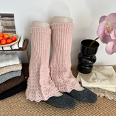 粉色春秋镂空花纹针织堆堆袜套女复古微喇小腿袜阔腿灰色羊毛腿套