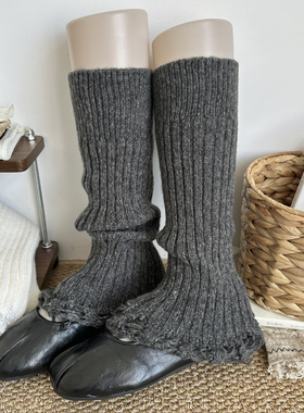 黑灰色秋冬破洞流苏搭配小皮鞋辣妹y2k咖腿套针织显瘦堆堆袜套女
