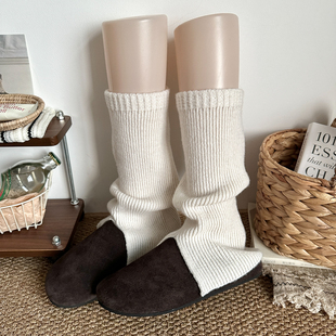 日系jk奶白色羊毛针织开叉袜套女秋冬显瘦腿套复古竖纹小腿堆堆袜