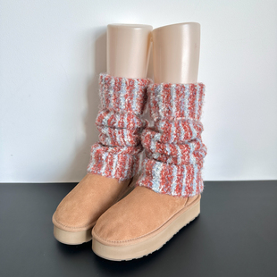 红色秋冬季 雪地靴袜套女加厚保暖毛绒小腿套羊毛条纹翻边堆堆袜子