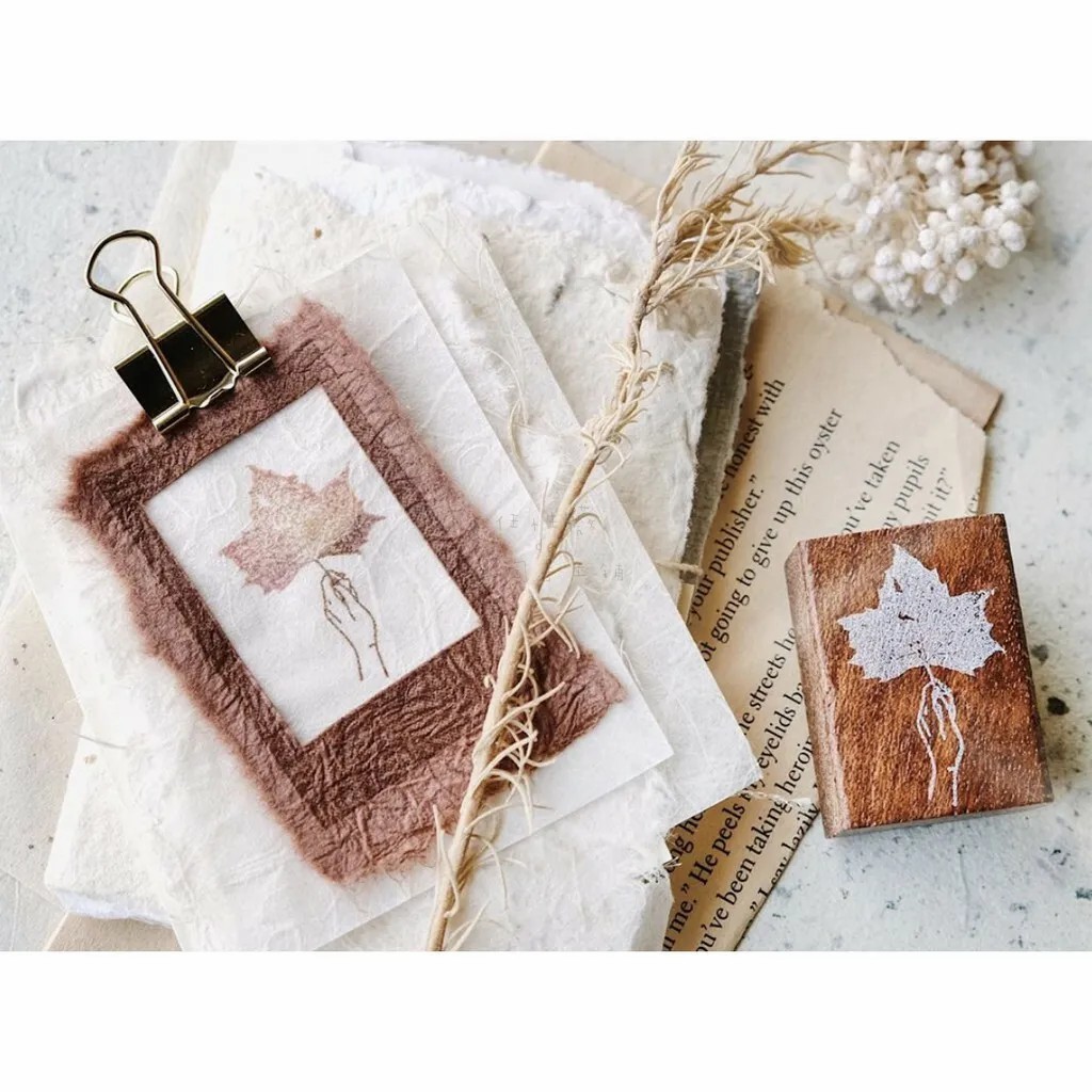 Jieyanow手拿枫叶木印章百搭 手帐秋季树叶Autumn Cafe Analog