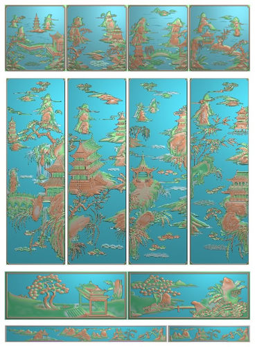 包邮高清设计木雕素材精雕图浮雕图灰度图精品山水顶箱柜全套图1