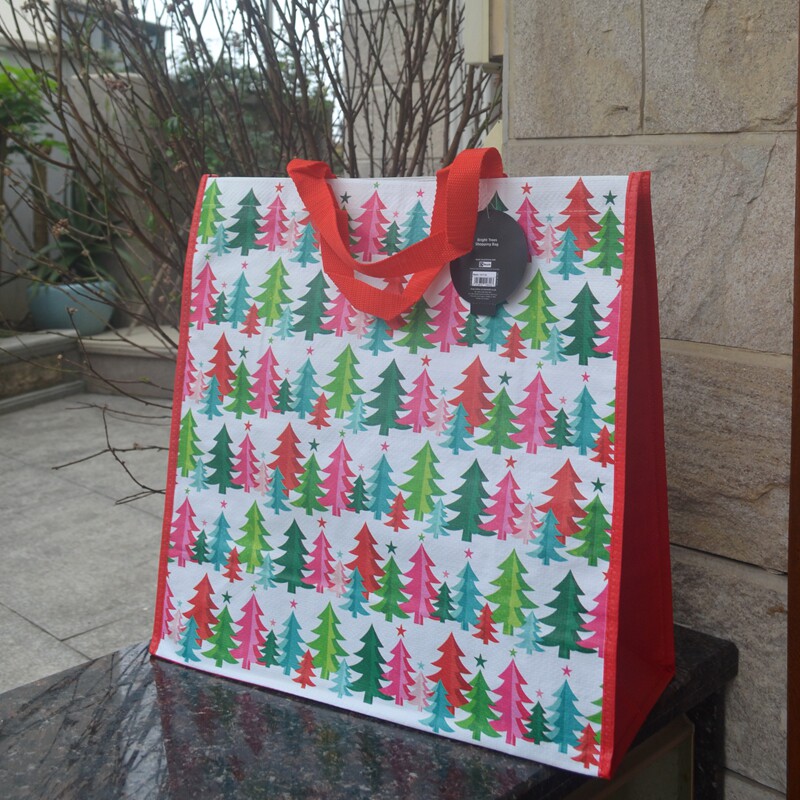 圣诞树印花PP编织购物袋防水环保手提袋子便携可折叠买菜袋礼品袋