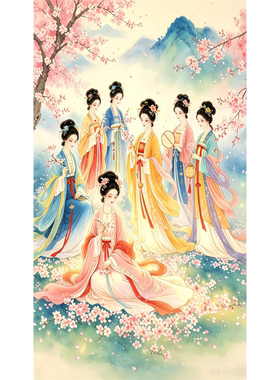 桃花下的仙女贴画客厅卧室书房墙面古代美女贴纸海报防水自粘贴