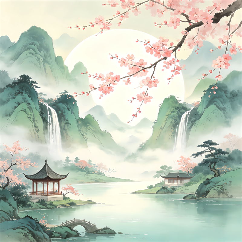 桃花流水风景画贴画客厅卧室出租房墙面装饰贴纸防水自粘贴中式