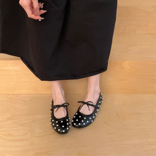 奶奶鞋 2026春夏新小众设计感珍珠系带浅口单鞋 女软皮圆头平底瓢鞋