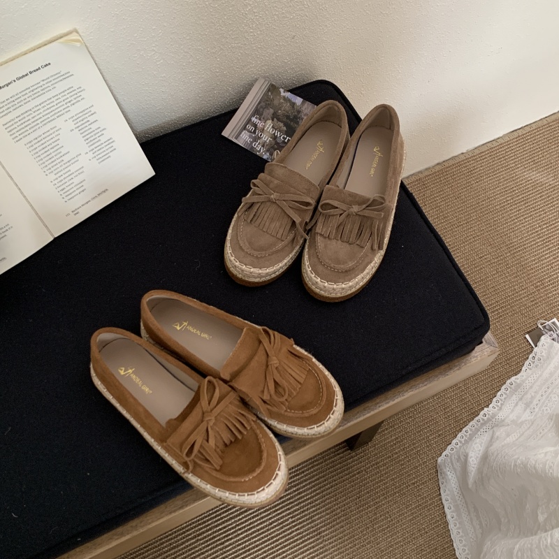 2025秋季新款乐福鞋厚软底磨砂真皮渔夫女鞋蝴蝶结流苏女单鞋平底