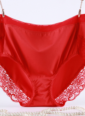 红色本命年95-220斤中高腰蕾丝性感牛奶丝女三角内裤加肥加大胖MM