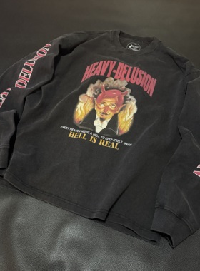 H-D HELL IS REAL OLDNICK 恶魔复古机车水洗做旧宽松长袖T恤