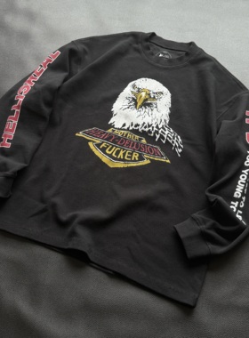 H-D HELL IS REAL复古机车鹰头重磅小领口华夫格长袖T恤