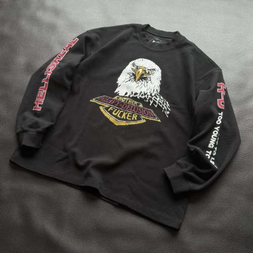 H-D HELL IS REAL复古机车鹰头重磅小领口华夫格长袖T恤