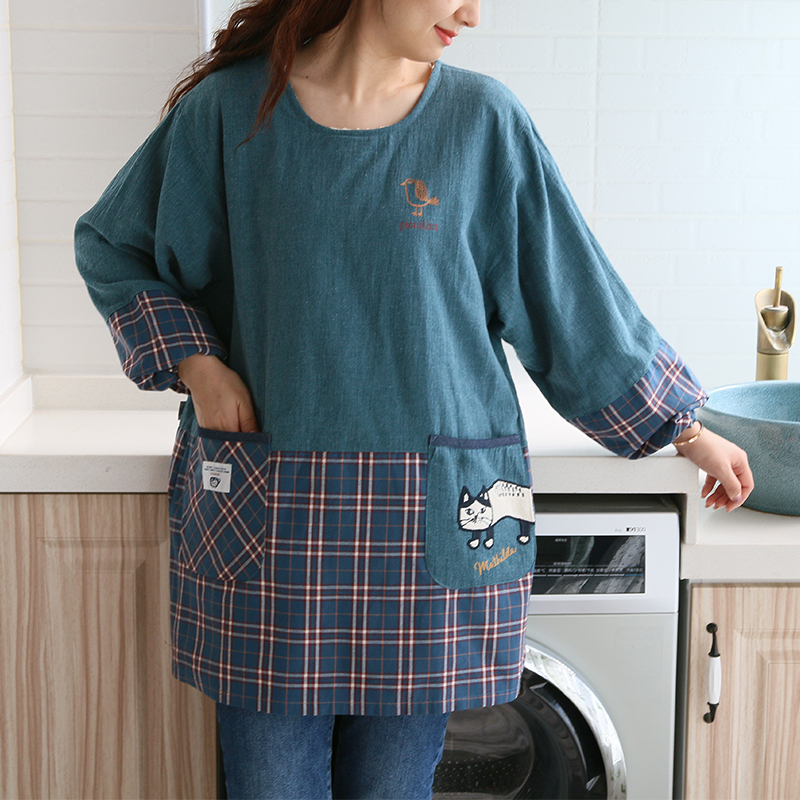 秋冬季加绒加厚保暖毛绒卡通家用做饭厨房反穿罩衣女大人长袖围裙