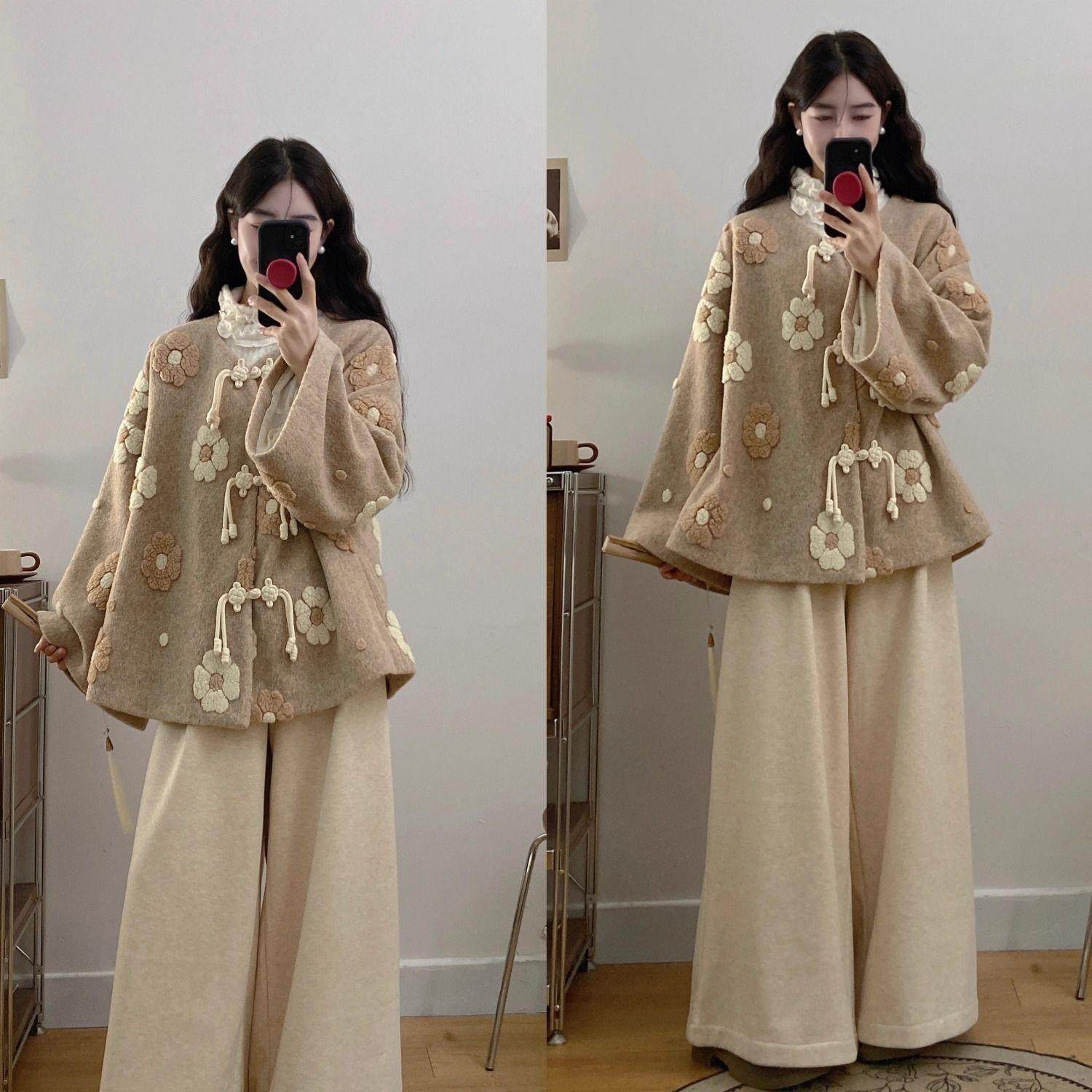 秋新款新中式盘扣国风重工毛呢外套阔腿裤今年流行搭配两件套女,女装/女士精品,时尚套装,淘宝优惠券,粉丝福利购,淘宝优惠卷